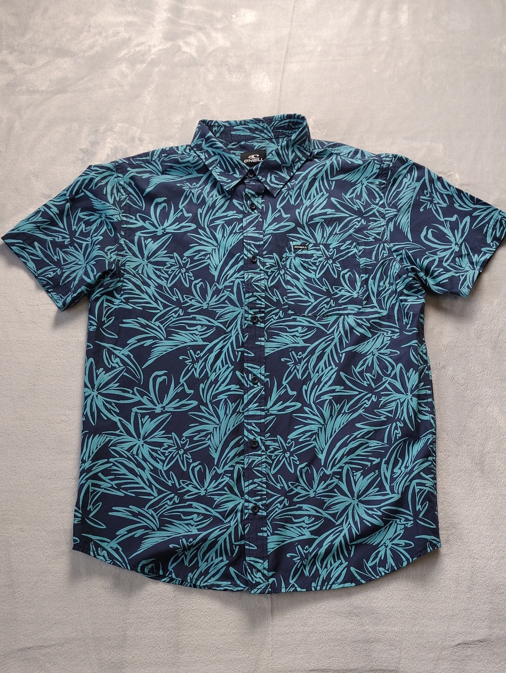 O'Neill Navy & Turquoise Tropical Print Short Sleeve Button Up Shirt Size Medium